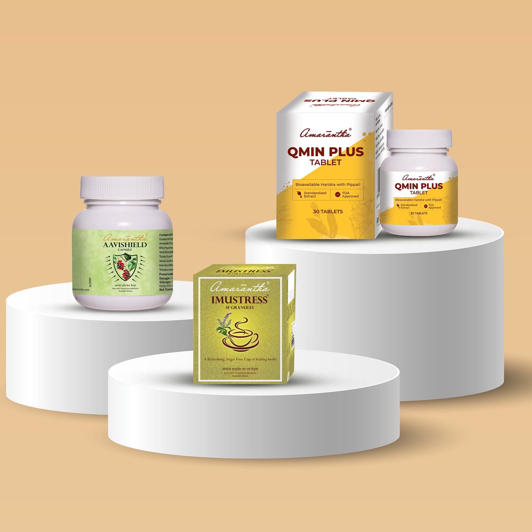Immunity Support Combo | Amarantha Qmin Plus Tablet - 1 & Imustress Sugar-Free Granules - 1 & Amarantha Aavishield Capsule - 1